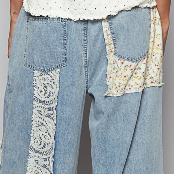POL Super Baggy Floral Lace Patchwork Faded Oversized Wide Leg Baggy Denim Jeans - Picture 5 of 9